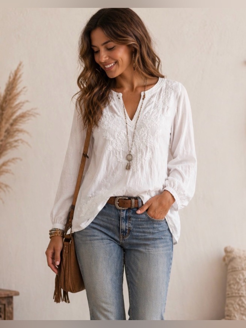 Catalog Favorites white v neck embroidered shirt, women’s large. 100% cotton.